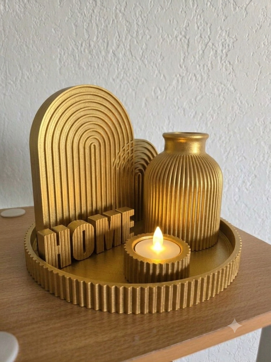 Aesthetic Boho "HOME" Decor Set | Ribbed Tray, Vase & Candle Holder