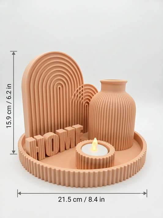 Aesthetic Boho "HOME" Decor Set | Ribbed Tray, Vase & Candle Holder