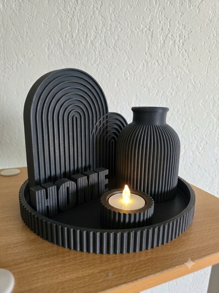 Aesthetic Boho "HOME" Decor Set | Ribbed Tray, Vase & Candle Holder