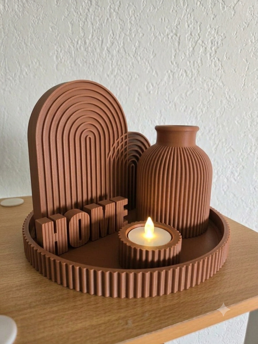 Aesthetic Boho "HOME" Decor Set | Ribbed Tray, Vase & Candle Holder