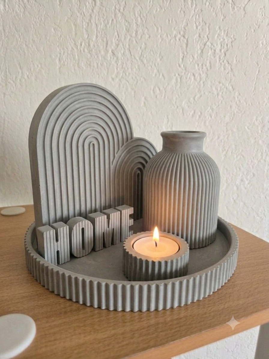 Aesthetic Boho "HOME" Decor Set | Ribbed Tray, Vase & Candle Holder