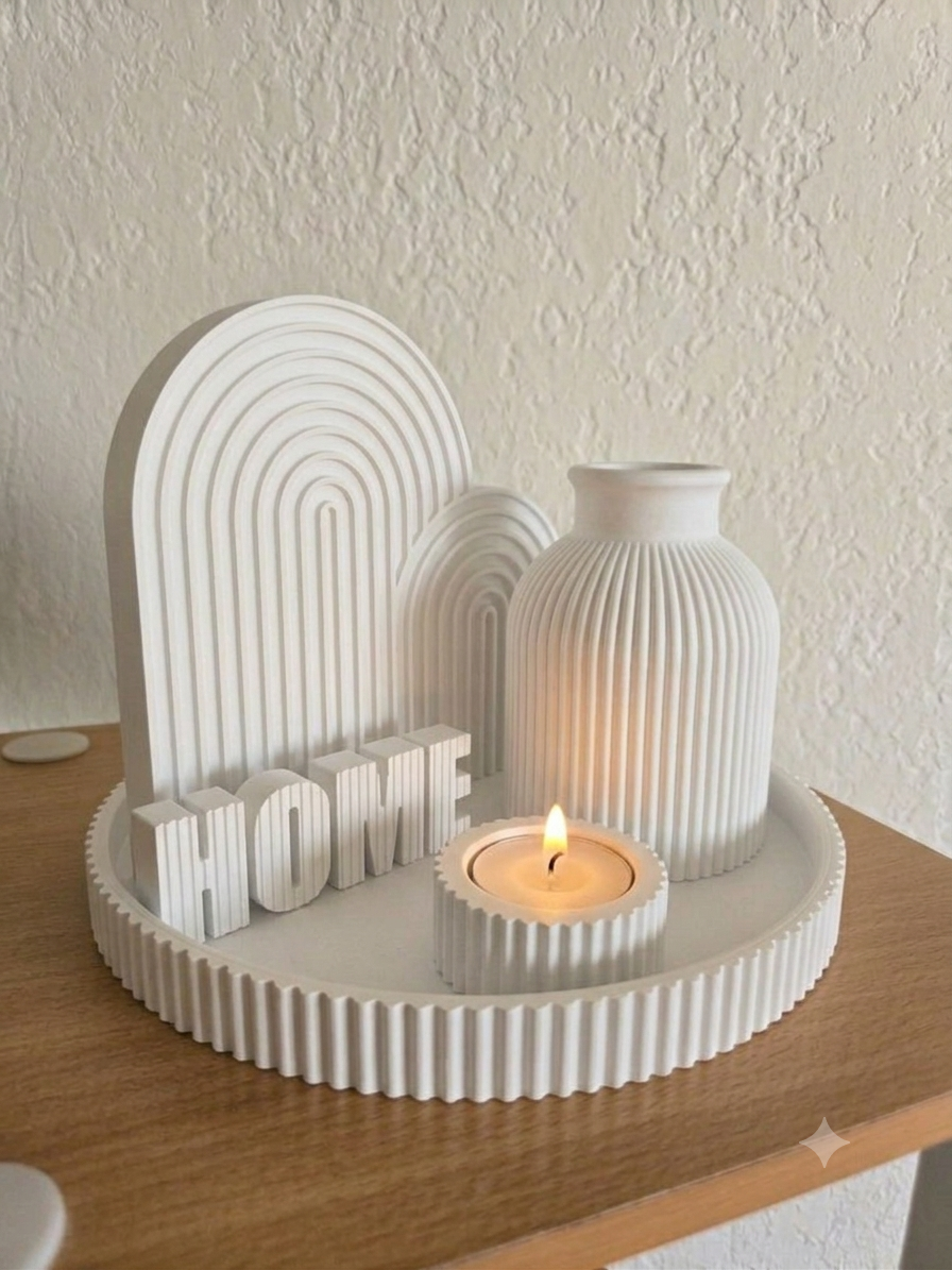 Aesthetic Boho "HOME" Decor Set | Ribbed Tray, Vase & Candle Holder