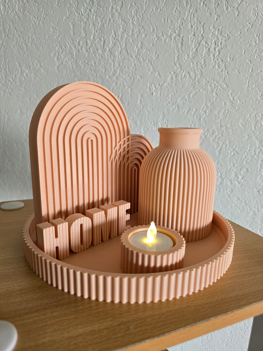 Aesthetic Boho "HOME" Decor Set | Ribbed Tray, Vase & Candle Holder